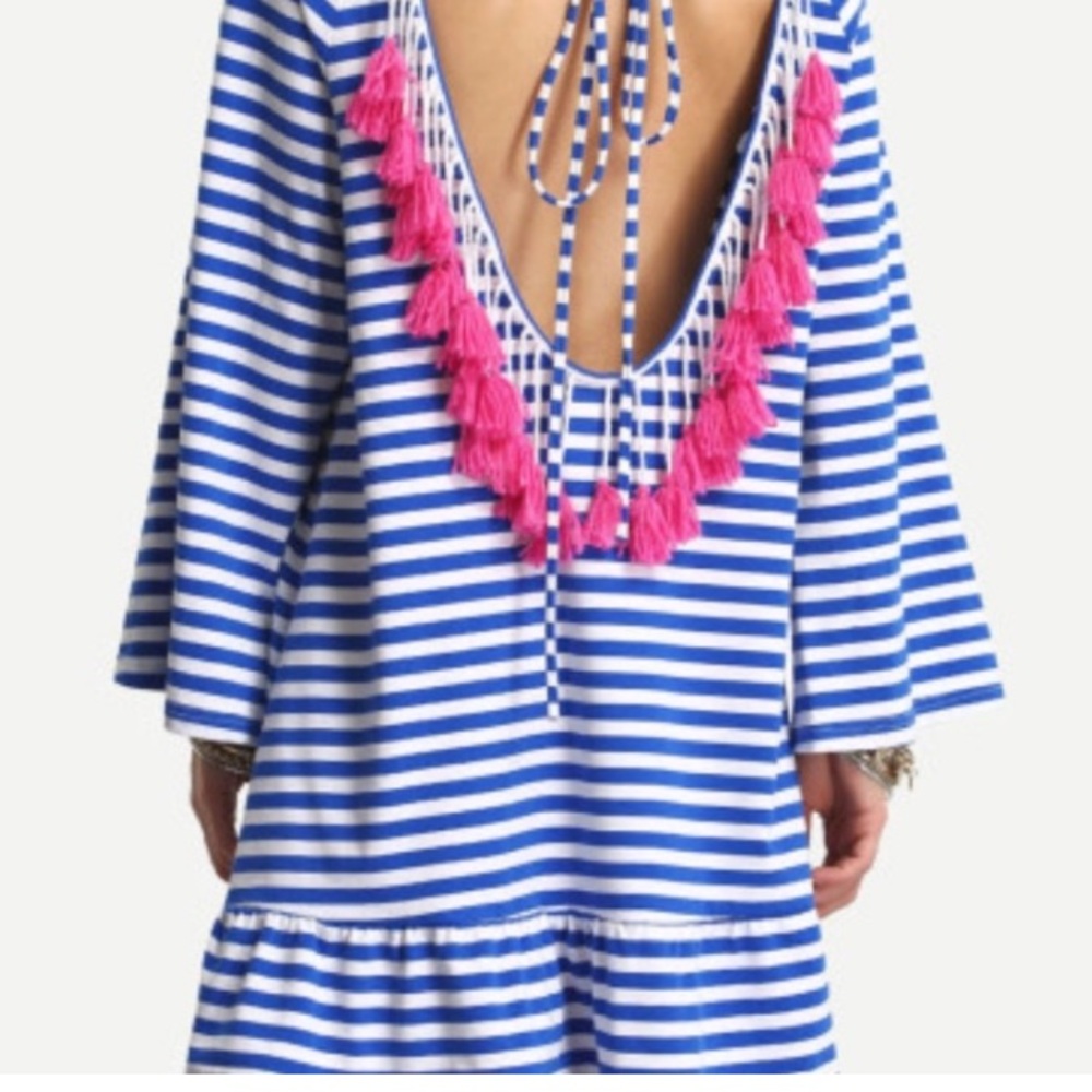 Stunning striped Sundress/coverup with 3/4 Bell Sleeves and pink tassels